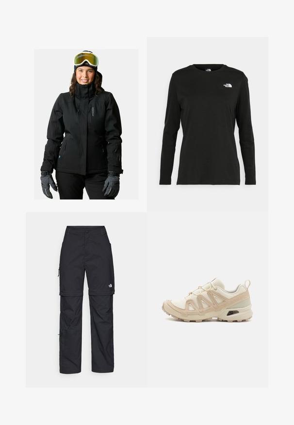 Giacca da sci nera con colletto alto, zip frontale, numerose tasche con zip e design aderente. Indossata con guanti grigi e occhiali da sci sulla fronte.; T-shirt nera a maniche lunghe in cotone con colletto rotondo. Presenta un piccolo logo bianco sul lato sinistro del petto. Design semplice e vestibilità comoda.; Pantaloni cargo in nylon nero con zip rimovibile, polsini regolabili, molteplici tasche e un logo sulla gamba destra. Tessuto liscio e leggero.; Scarpa atletica beige e crema con tomaia in mesh testurizzato, sovrapposizioni supportive e suola in gomma con un motivo a tasselli per la trazione.