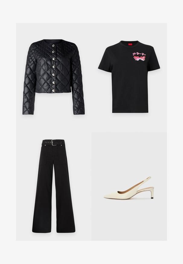 Μαύρο ψηφιδωτό μπουφάν με στρογγυλή λαιμόκοψη, μπροστινή κουμπί κλείσιμο και μακριά μανίκια. Έχει γυαλιστερή, λεία υφή και μεταλλικά κουμπιά.; Μαύρο βαμβακερό T-shirt με κοντά μανίκια, που διαθέτει ροζ γραφικό με γυαλιά ηλίου και το κείμενο "Not Your Girl" στο αριστερό μέρος του στήθους.; Μαύρο παντελόνι με φαρδιά ποδιά φτιαγμένο από βαμβάκι, με ψηλή μέση, μεγάλες πλαϊνές τσέπες και ζώνη με μεταλλικά αξεσουάρ σε ασημί απόχρωση.; Μπαλαρίνα με μυτερή μύτη σε εκρού δέρμα, με χαμηλό τακούνι και κομψό σχέδιο κοπής, διαθέτοντας λεία υφή και ελάχιστες λεπτομέρειες.