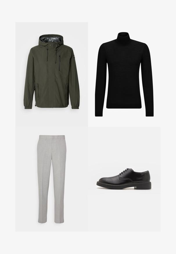 Zelena vodoodporna jakna s kapuco, z zipom zadrgo na prsih, nastavljivimi vrvicami, elastičnimi manšeti in gladko notranjostjo.; Črna turtleneck pulover iz mehkega materiala, z dolgimi rokavi in tesnim prileganjem. R ibana obroba na robu in rokavih. Preprosta zasnova.; Svetlo sivi hlače z gladko teksturo, ravnim sprednjim delom in ravnimi nogavicami. Narejene iz zračnega materiala, vsebujejo notranje žepke in zanke za pas.; Črne usnjene čipkaste čevlje z zaobljenim nosom, gladko teksturo, minimalnim šitjem in nizkim gumijastim peto. Logo na peti.