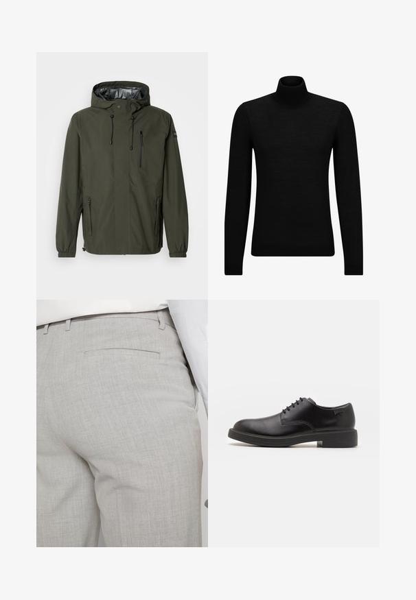 Green waterproof jacket with a hood, zippered chest pocket, adjustable drawstrings, elastic cuffs, and smooth inner lining.; Black turtleneck sweater made of soft material, featuring long sleeves and a snug fit. Ribbed trim at the hem and cuffs. Simple design.; Light gray tailored trousers made of textured fabric, featuring a single back pocket and clean stitching.; Black leather lace-up shoe with a rounded toe, smooth texture, minimal stitching, and a low rubber heel. Logo on the heel.