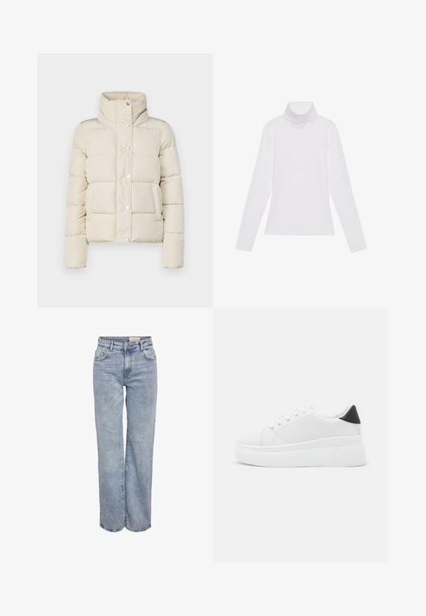 Puffer jacket in cream color, featuring a high collar, snap buttons, and two front pockets. Made of soft, quilted material. Lightweight design.; White long-sleeve turtleneck top made of smooth, stretchy fabric. Features a high collar and fitted design, with no visible patterns or embellishments.; Light blue wide-leg jeans made from denim, featuring a high waist, five-pocket design, and subtle fading for a worn-in look.; White platform sneakers made of smooth synthetic material, featuring a rounded toe, lace-up design, and a textured rubber sole. Black heel accent.
