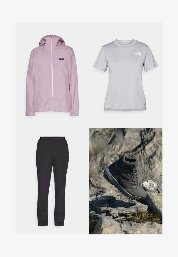 Patagonia BOULDER FORK RAIN - Chaqueta Hard shell - stormy mauve; Camiseta gris de manga corta hecha de una suave tela que absorbe la humedad. Presenta un cuello redondo y un pequeño logotipo blanco en la parte superior izquierda.; Pantalones exteriores negros, hechos de un tejido ligero, presentan un diseño de pierna recta, bolsillos laterales con cremallera y una cinturilla ajustable.; Bota de senderismo gris oscuro hecha de material sintético, con cuello acolchado, ojales de metal y suela de goma texturizada para tracción.