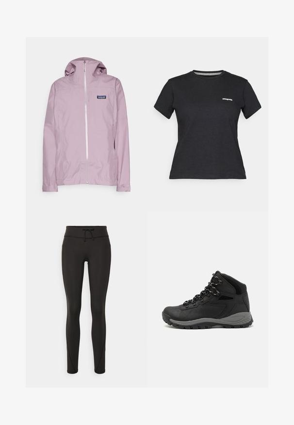 Patagonia BOULDER FORK RAIN - Impermeabile - stormy mauve; T-shirt in cotone nero con colletto rotondo e maniche corte. Presenta un logo bianco "Patagonia" sull'area sinistra del petto.; Leggings neri con vita alta, cordino, texture liscia e design aderente. Presentano dettagli di cucitura lungo i lati.; Stivale da trekking nero con design a metà altezza, dotato di una tomaia texturizzata, accenti grigi e suola in gomma resistente con tasselli per la trazione.