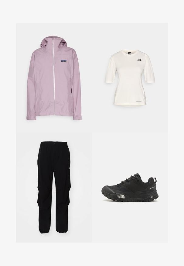 Patagonia BOULDER FORK RAIN - Cieta auduma jaka - stormy mauve; The North Face SHADOW SHORT SLEEVE - Sporta krekli - white dune; Melnas āra bikses, kas izgatavotas no izturīga materiāla, ar brīvu piegriezumu, elastīgu jostu un savilktiem rāvējslēdzējiem, lai pielāgotu garumu.; Melnas pārgājienu kurpes ar teksturētu augšdaļu, sašņorējumu un masīvu gumijas zoli, kurai ir izteikts logotips sānos un protektora raksti.