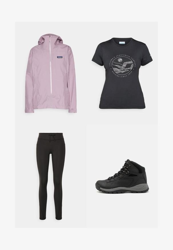 Patagonia BOULDER FORK RAIN - Regnjakke - stormy mauve; Svart Columbia t-skjorte med hvit sirkulær fjell- og elvlinjekunst og tekst "Columbia Sportswear Company Outside Since 1938."; Svarte leggings med høy midje, snøring, glatt tekstur og tettsittende design. Har søm detaljer langs sidene.; Sorte turstøvler med mid-topp design, som har en teksturert overdel, grå detaljer og slitesterk gummisåle med godt grep.