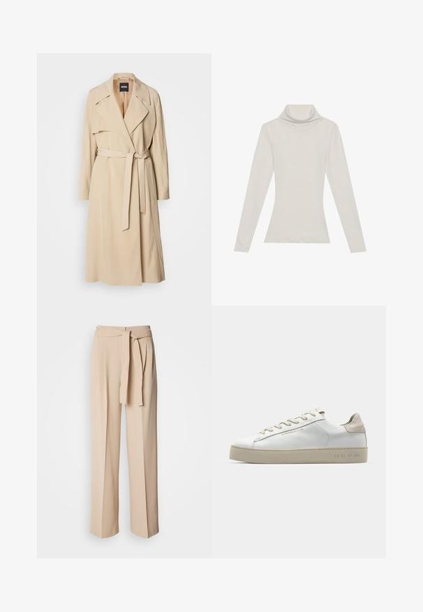 Cappotto beige realizzato in tessuto liscio, caratterizzato da un design doppiopetto, ampie rever, una cintura in vita e tasche laterali.; Top a maniche lunghe con collo alto di colore beige chiaro. Realizzato in un tessuto morbido e elasticizzato, con una vestibilità rilassata e un collo pieghevole.; Pantaloni beige a vita alta con cintura a tie, design a gamba larga, tessuto liscio e morbido. Presentano delle pieghe sul davanti.; Sneaker bianca in pelle con finitura liscia, dettagli in suede beige, punta rotonda, design con stringhe piatte e suola in gomma testurizzata.