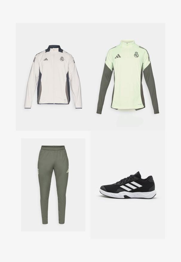 adidas Performance REAL MADRID EU PRESENTATION JACKET - Klub merchandise - putty mauve/dark grey/charcoal; Lys grøn langærmet trøje med mørkegrå detaljer, halvlukket hals, og Real Madrid-logo. Lavet af åndbart stof.; Olivengrønne træningsbukser med slim fit, elastisk talje og sidelommer. Har et logo på venstre lår og kontrasterende detaljer.; Sorte atletiksko med en tekstureret mesh-overdel, hvide accentstriber, en polstret sål og en forstærket hæl for støtte.