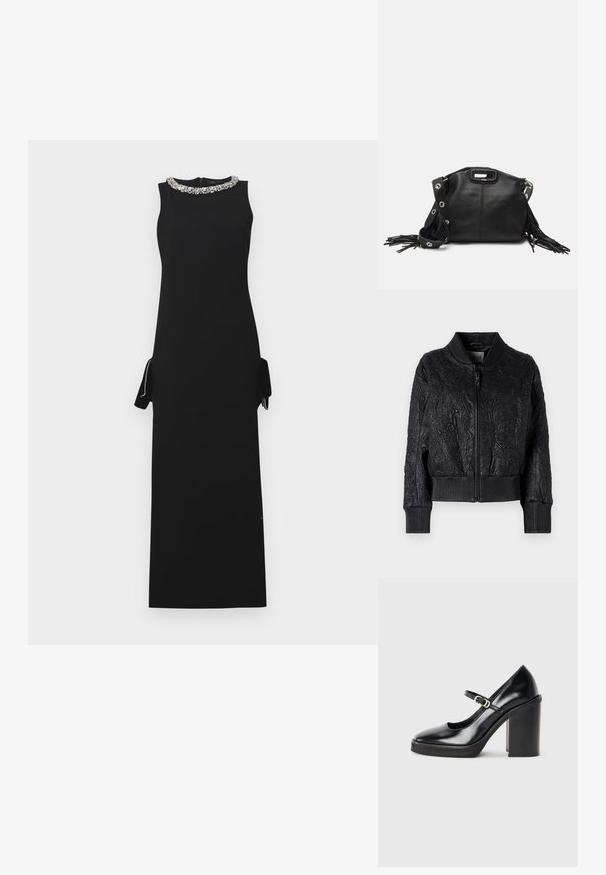 MUNTHE FERRIL - Δερμάτινο μπουφάν - black; Μαύρο αμάνικο φόρεμα με ψηλό λαιμό που κοσμείται με κοσμήματα από χάντρες. Διαθέτει πλαινές τσέπες και ευθεία, μάξι σιλουέτα.; Μαύρο παπούτσι ψηλού τακουνιού από πατεντέ δέρμα με στρογγυλή μύτη, λουράκι στον αστράγαλο, λεπτομέρεια από ασημί πόρπη και χοντρό μπλοκ τακούνι.; Maje MISS MINI - Τσάντα χιαστί - noir