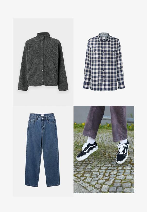 Tumši pelēka flīsa jaka ar augstu apkakli, spiedpogām un sānu kabatām. Audumam ir strukturēta, mīksta virsma.; Raibspalvots flaneļa krekls tumši zila, balta un sarkana krāsā. Garas piedurknes, pogāta fronte, divas krūšu kabatas un diskrēta logo apakšmalā.; Klasiskie zili džinsi ar taisnu kāju dizainu, pieciem kabatām un pogu aizdari. Iezīmējas ar vidēju mazgāšanu un izturīgu tekstūru.; Melni zamšādas sporta apavi ar baltiem akcentiem, ar apaļu purngalu, biezu baltu zoli un klasisku šņorēšanas dizainu, uzvilkti ar baltām zeķēm un violetām biksēm.