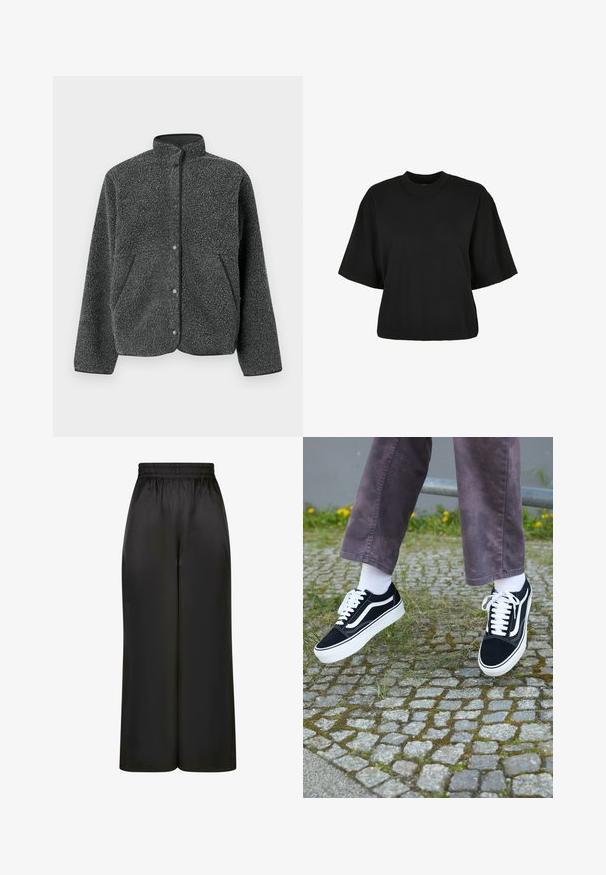 Tamnosiva jakna od flisa s visokim ovratnikom, kopčama na pritisak i bočnim džepovima. Tkanina ima teksturiranu, mekanu površinu.; Crna skraćena majica od pamuka. Ima kratke rukave i okrugli izrez. Glatka tekstura s jednostavnim dizajnom, bez dodatnih uzoraka.; Crne široke hlače napravljene od glatkog, sjajnog materijala s elastičnim pojasom i bez vidljivih džepova ili metalnih detalja.; Crne suedne teniske s bijelim detaljima, s okruglim vrhom, debljim bijelim potplatom i klasičnim dizajnom vezivanja, nosi se s bijelim čarapama i ljubičastim hlačama.