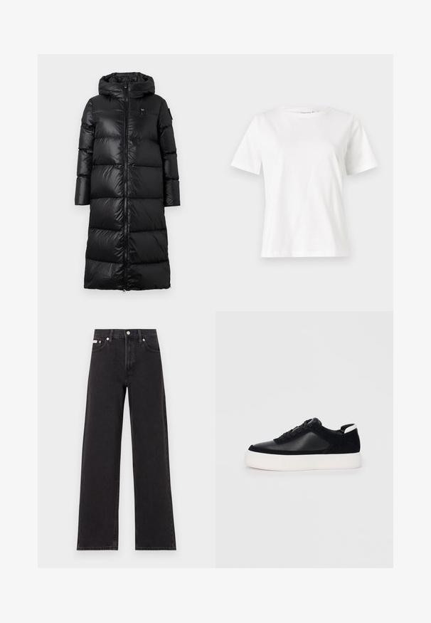 Black puffer coat with a hood, featuring a zip front, quilted design, and smooth, shiny texture. Minimalist branding on the chest.; White cotton t-shirt with short sleeves, round neckline, and a relaxed fit. Smooth texture, no patterns or accents, minimalistic design.; Black wide-leg jeans made of denim, featuring a high-rise waist, five-pocket styling, and a metal button closure with contrasting stitching.; Black sneaker with smooth leather and suede panels, flat laces, rounded toe, and a white rubber sole. Distinct logo on the heel.