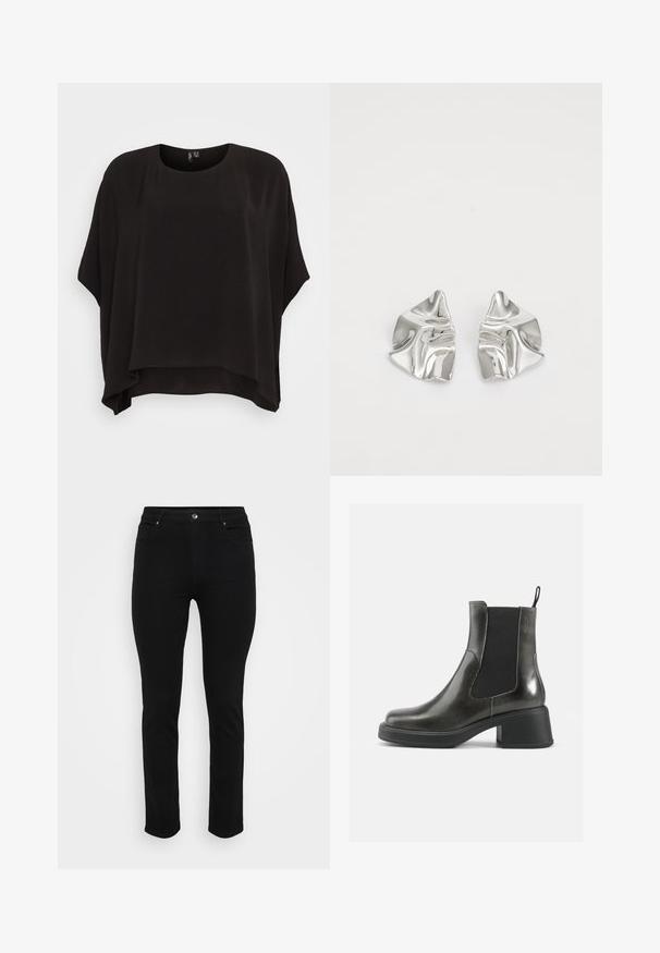Black, loose-fitting top with a rounded neckline, short sleeves, and a textured fabric. Hem is slightly longer at the back.; Knit sweater featuring a cream base with brown and tan animal print. Round neckline, long sleeves, soft texture, and relaxed fit.; Black denim jeans with a slim fit, five-pocket design, front button closure, and slight stretch for comfort. Flat, smooth texture with minimal detailing.; Black leather ankle boots with a smooth finish, elastic side panels, and a chunky heel. Features a pull tab for easier wear.; Silver metal earrings with a wavy, sculptural design featuring a polished finish and irregular shapes, highlighting a contemporary aesthetic.