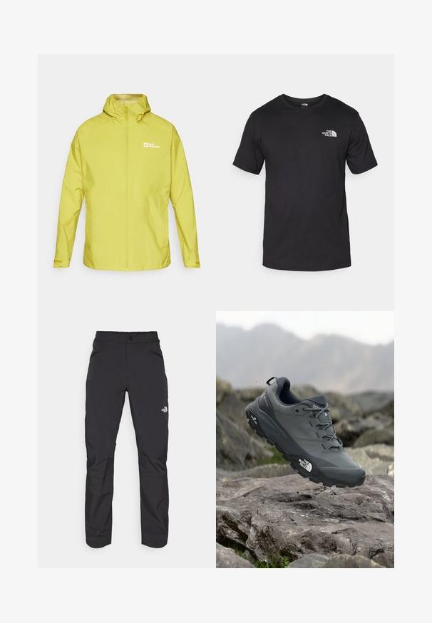 Veste imperméable jaune avec capuche, fermeture éclair frontale complète et logo sur la poitrine gauche. Caractéristiques : poignets élastiques et design léger.; T-shirt noir à manches courtes en coton, avec un col rond et un petit logo blanc sur le côté supérieur gauche de la poitrine.; Pantalons d'extérieur noirs en matière synthétique avec une poche avant zippée, jambes fuselées et panneaux de genoux renforcés. Comprend une fermeture à bouton.; Chaussure de trail running grise avec un dessus texturé, semelle en caoutchouc durable et chaussure renforcée à l'avant. Comprend des lacets et un logo de la marque sur le côté.