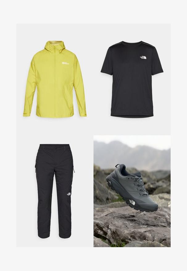 Yellow waterproof jacket with a hood, full front zipper, and logo on the left chest. Features elastic cuffs and a lightweight design.; Black short-sleeve T-shirt made from lightweight fabric. Features a small white logo on the left chest and subtle shoulder accents.; The North Face WINTER EXPLORATION TAPERED CARGO - Outdoor trousers - black; Grey trail running shoe with a textured upper, durable rubber sole, and reinforced toe cap. Features laces and brand logo on the side.