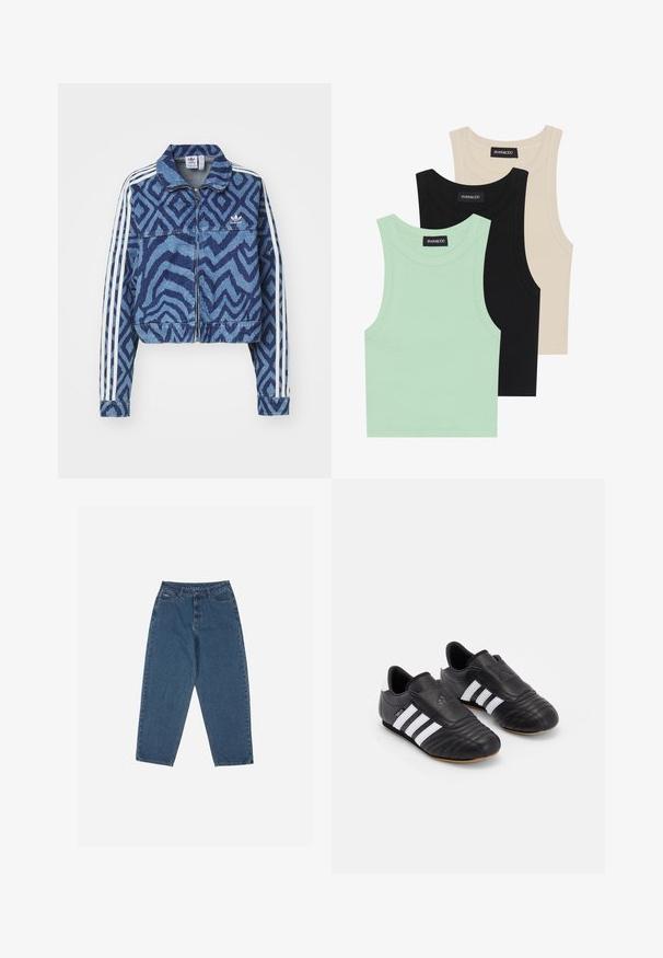 Kort denimjack met een blauw zigzagpatroon, witte gestreepte mouwen en een ritsluiting. Inclusief het Adidas-logo op de borst.; Drie tanktops in mintgroen, zwart en beige; gemaakt van ribbelstof met een ronde halslijn en zonder mouwen. Merkenlabel zichtbaar.; Blauwe denim jeans met een ontspannen pasvorm, hoge taille, vijf-pocket ontwerp en stikselaccenten. Voorzien van een knoop- en ritssluiting.; Zwarte voetbalschoenen met een bovenwerk van textuurleer, voorzien van een gevoerde voorkant, drie witte strepen aan de zijkanten en een gumrubberen zool.