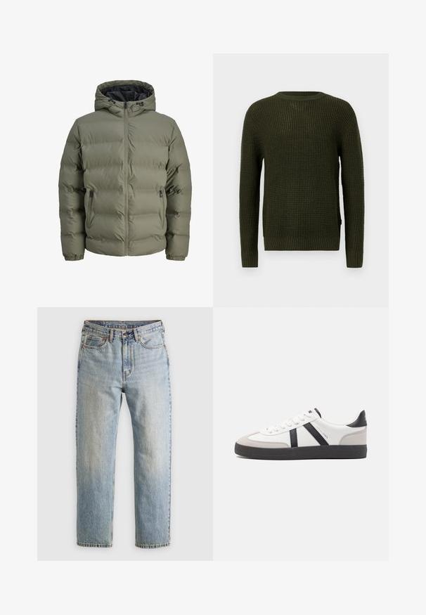 Olivgrüne Daunenjacke mit Kapuze, Reißverschluss und zwei Seitentaschen. Verfügt über gesteppten Stoff und elastische Bündchen.; Olivgrüner, gestrickter Pullover mit rundem Halsausschnitt, langen Ärmeln und gerippten Bündchen. Verfügt über ein strukturiertes Muster und eine lockere Passform.; Helle blaue Jeans mit hoher Taille, Frontknopf, Reißverschluss und fünf Taschen-Design, flach auf einem neutralen Hintergrund ausgelegt.; Weiße Sneaker mit schwarz- und grau-aczenten, ausgestattet mit einer strukturierten grauen Zehenkappe, schwarzer Gummi-Sohle und flachen weißen Schnürsenkeln. Sauberes Design, minimalistische Stil.