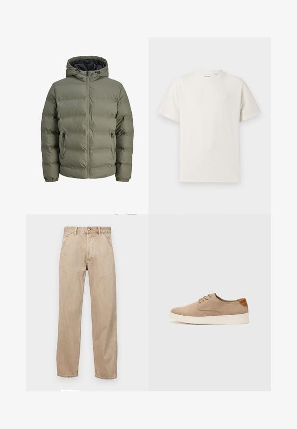 Giacca piumino verde oliva con cappuccio, chiusura con zip e due tasche laterali. Presenta una texture trapuntata e polsini elastici.; T-shirt bianca a maniche corte in texture a coste. Girocollo, vestibilità rilassata, senza modelli o accenti visibili. Design semplice e versatile.; Jeans in denim beige con un design a gamba dritta, dotati di tasche frontali, chiusura con bottone metallico e una texture delicata.; Sneaker in suede beige con punta arrotondata, stringhe davanti e un accento testurizzato sul retro. La suola in gomma bianca offre un contrasto. Design semplice e moderno.