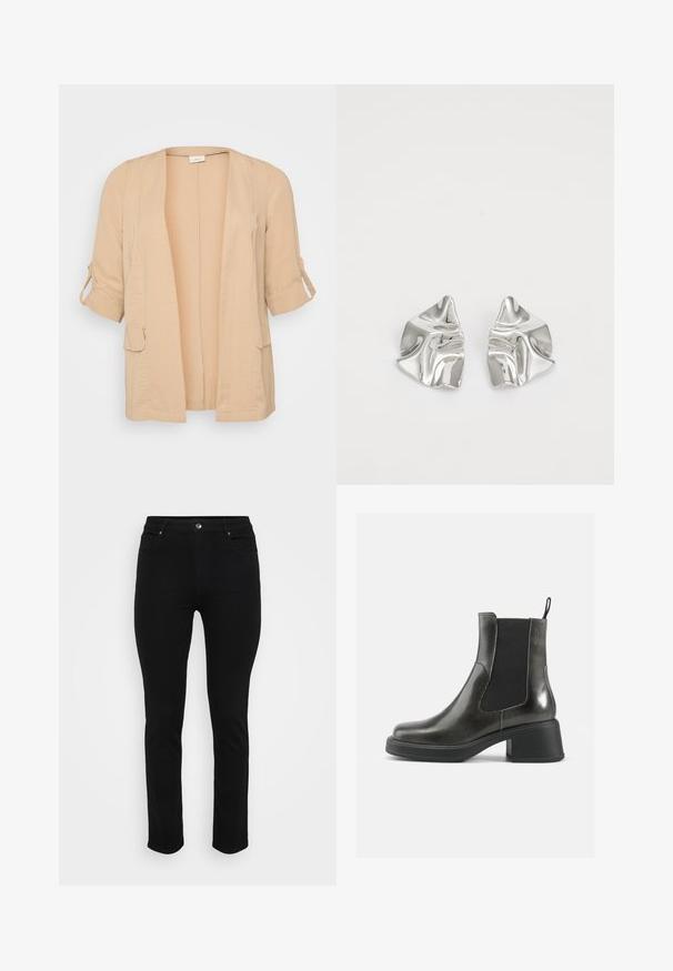 Cardigã leve longo bege com frente aberta, dois bolsos laterais e mangas dobradas. Textura suave e design casual para sobreposições.; Suéter de malha com base creme e padrão de animais em castanho e bege. Decote redondo, mangas longas, textura suave e corte descontraído.; Jeans de ganga pretos com um corte slim, design de cinco bolsos, fecho frontal por botão e ligeira elasticidade para conforto. Textura lisa e plana com detalhes mínimos.; Botas de tornozelo em couro negro com um acabamento liso, painéis laterais elásticos e um salto robusto. Apresentam uma alça na parte de trás para facilitar o calçar.; Brincos de metal prateado com um design ondulante e escultural, apresentando um acabamento polido e formas irregulares, destacando uma estética contemporânea.