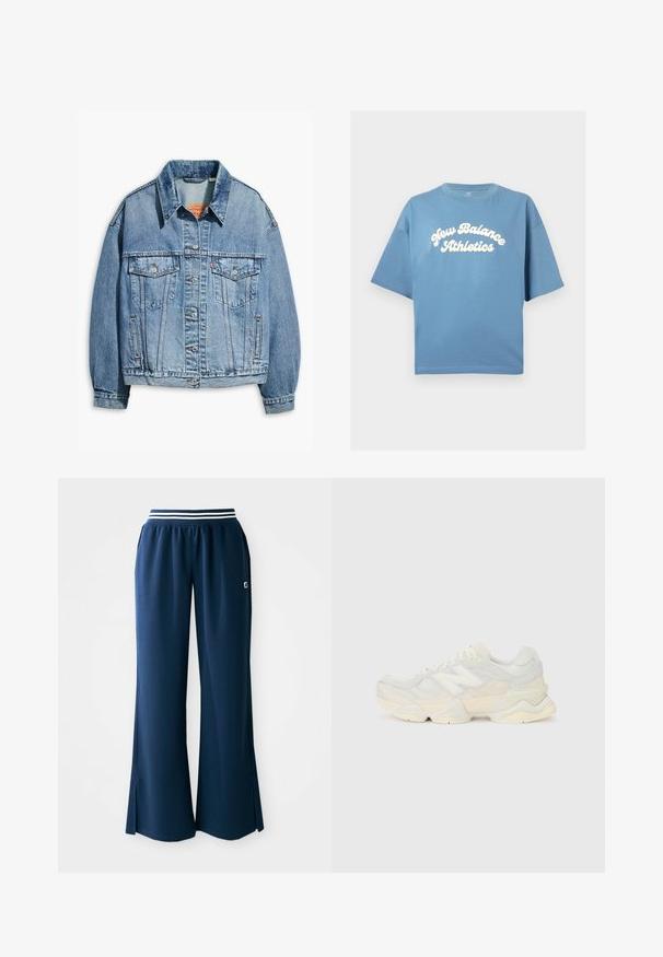 Gai zila džinsi jaka ar apkakles kaklu, divām krūšu kabatām un pogu aizvēršanu. Raksturīga nedaudz pārāk liela piegriezuma un redzamā šūšana.; Zila kokvilnas T-krekls ar brīvu piegriezumu, ar īsām piedurknēm un apaļu kakla izgriezumu. Centrāli drukāts balts "New Balance Athletics" logo.; Jūras zila sporta bikses ar plašu kāju, elastīgu jostasvietu, kas aprīkota ar baltu svītru un sānu iegriezumiem papildu kustībai. Logo uz kabatas.; Vieglas sporta apavus ar sieta un zamšādas augšdaļu maigos krēma tonī, ar masīvu zoli un trīsdimensionāliem akcentiem.