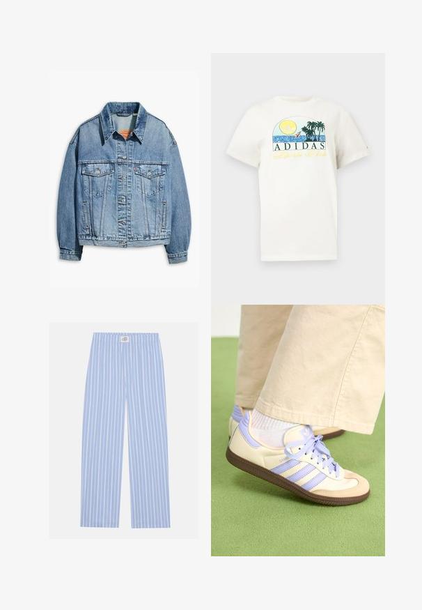 Světle modrá džínová bunda s límečkem, dvěma náprsními kapsami a knoflíkovým zapínáním. Má mírně oversized střih a viditelné švy.; Bílá bavlněná tričko s grafickým designem obsahujícím slunce, palmové stromy a vodu. Nápis "ADIDAS Sports Club" vytištěný zelenou a žlutou barvou.; Světle modré pruhované pyžamové kalhoty s elastickým pasem, které mají svislé bílé pruhy a volný střih. Materiál vypadá měkký a hladký.; Krémové a levandulové tenisky se třemi pruhy a texturovanou hnědou podrážkou, vybavené tkaničkami a polstrovanou patou. Měkký textilní svršek.