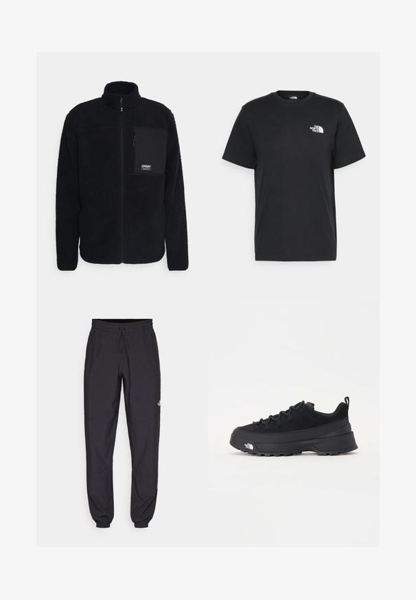 Mustmustöötik kõrge kaelusega, esisepet ja vasakul rinnal taskuga. Omab tekstureeritud kangaid ja logotaskut.; Musthave musta puuvillane T-särk lühikeste varrukatega, ümmargune kaelus ja väike valge logo vasakul rinnal. Lihtne disain, sile tekstuur ja mugav lõige.; Mustavad sportlikud püksid, mis on valmistatud kergest kangast, joonlauaga taljest, küljetaskudega ja kitsenevate varrukatega pahkluude juures.; Must musta jalats, millel on sametised ülemused, tekstuuriga kummist põhi ja vastupidav sidumise süsteem. Omab tugevdust kannaosas ja brändi logo küljes.