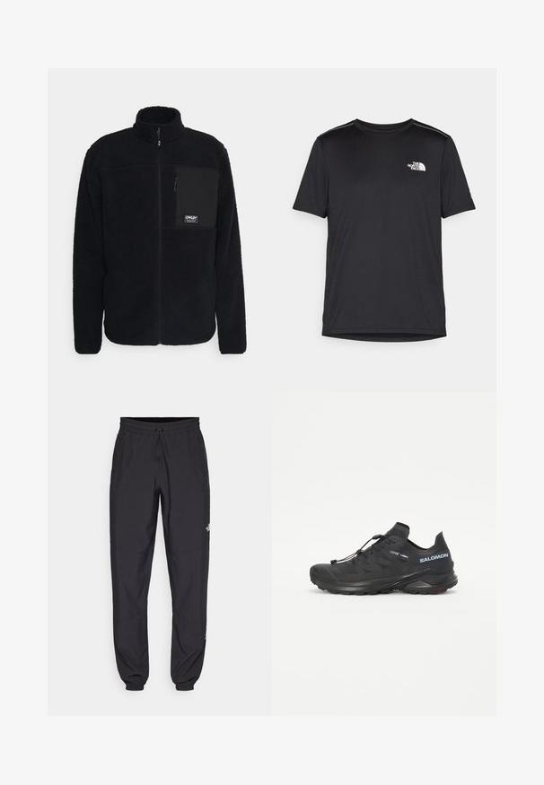 Black fleece jacket with high collar, front zip, and left chest pocket. Features textured fabric and a logo patch on pocket.; Black short-sleeve T-shirt made from lightweight fabric. Features a small white logo on the left chest and subtle shoulder accents.; Black athletic pants made from lightweight fabric, featuring a drawstring waistband, side pockets, and tapered cuffs at the ankles.; Black trail running shoe with a textured upper, elastic laces, and Contagrip outsole. Features a snug fit and protective toe cap.