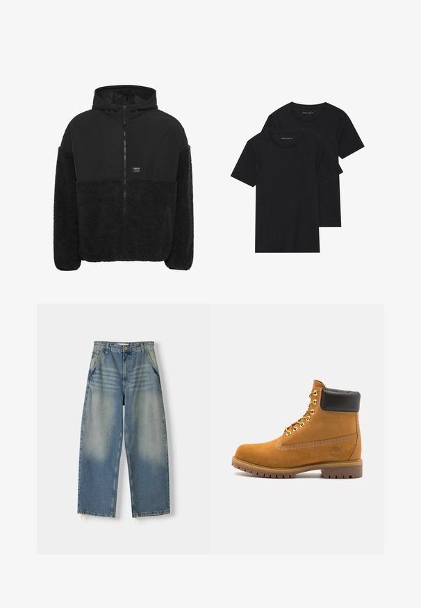 Zwarte capuchonjas met een zachte, gestructureerde fleece onderkant, gladde bovenstof, een frontale rits en een klein logo-opdruk op de borst.; Twee zwarte katoenen t-shirts met korte mouwen, ronde halslijnen en een gladde textuur, gepresenteerd op elkaar gestapeld.; Lichtblauwe denim broek met wijde pijpen en een vervaagde afwerking, vijf zakken ontwerp en een ruwe zoom. Voorzien van een knoop- en ritssluiting aan de voorkant.; Tan suède enkelboot met zwart gevoerd kraagje, gouden metalen oogjes, witte stikdetails en een robuuste rubberen zool met uitgesproken profiel.