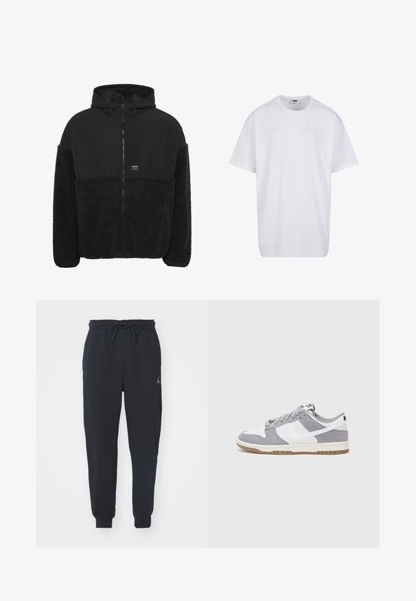 Giacca nera con cappuccio caratterizzata da una parte inferiore in morbido pile testurizzato, un tessuto superiore liscio, una zip frontale e una piccola toppa con logo sul petto.; Maglietta bianca in cotone con maniche corte, scollatura rotonda, vestibilità comoda e senza loghi o motivi visibili. Texture liscia e design minimale.; Pantaloni jogger neri realizzati in tessuto morbido, dotati di una vita elastica con coulisse, polsini a costine e un piccolo logo sulla coscia sinistra.; Sneaker grigia e bianca con tomaia in suede e pelle, punta arrotondata, lacci piatti e soletta in gomma con un accento color caramello.