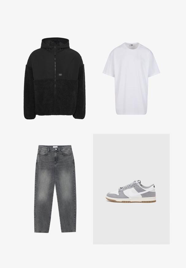 Mustat hupullinen takki, jossa on pehmeä, tekstuurinen fleece-alareuna, sileä yläosa, etuvetoketju ja pieni logopaino rinnan kohdalla.; Valkoinen puuvillainen t-paita, jossa on lyhyet hihat, pyöreä kaula-aukko, rento istuvuus ja ei näkyviä logoja tai kuvioita. Sileä pinta ja minimaalinen muotoilu.; Korkeavyötäröiset, väljät farkut haalistuneesta mustasta denimestä. Ominaisuuksiin kuuluu viisi taskua, vyölenkit ja siisti, suora lahjetyyli.; Niken tennarit on valmistettu harmaasta mokkanahasta ja valkoisesta nahasta, joissa on rei'itykset, pyöreät nauhat ja kumipohja pitoon.