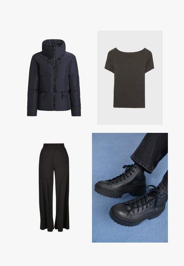 khujo FLAIRE - Giacca invernale - dunkelblau; Top corto grigio scuro con scollatura a barca. Realizzato in tessuto a costine, presenta una vestibilità rilassata e un orlo pulito. Design semplice, senza motivi.; Pantaloni neri a gamba larga con texture a righe verticali e una vita alta elasticizzata. Presentano tasche laterali e un design in tessuto fluido.; Sneaker alte nere in pelle liscia, con punta tondeggiante, suola in gomma spessa e lacci neri. Patches del logo sul lato.