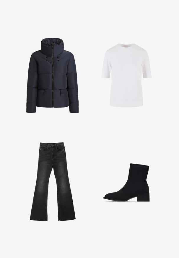 khujo FLAIRE - Winterjacke - dunkelblau; Weißes T-Shirt mit kurzen Ärmeln aus glattem Baumwollstoff. Es hat einen runden Halsausschnitt und einen geraden Schnitt, ohne Muster oder Verzierungen.; Schwarze, ausgestellte Denim-Jeans mit rohem Saum, ausgestattet mit einem Fünf-Taschen-Design und einem Knopfverschluss. Hergestellt aus einem robusten, strukturierten Stoff.; Schwarze Knöchelstiefel aus glattem Stoff, mit einer spitzen Zehe und einem klobigen Absatz. Nahtdetails verleihen dem Design eine subtile Textur.