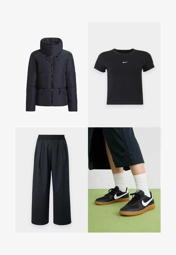 khujo FLAIRE - Winterjas - dunkelblau; Zwarte katoenen t-shirt met korte mouwen en ronde hals. Voorzien van een wit Nike-logo op de borst, minimalistisch ontwerp en een aansluitende pasvorm.; Zwarte broek met wijde pijpen, geplooide voorkant, elastische tailleband en gladde stoftextuur. Voorzien van een losse pasvorm en cropped lengte.; Zwarte leren en synthetische sneakers met witte Nike swoosh, rubberen gumzool, ronde neus en zwarte veters. Geribbelde witte sokken zichtbaar.