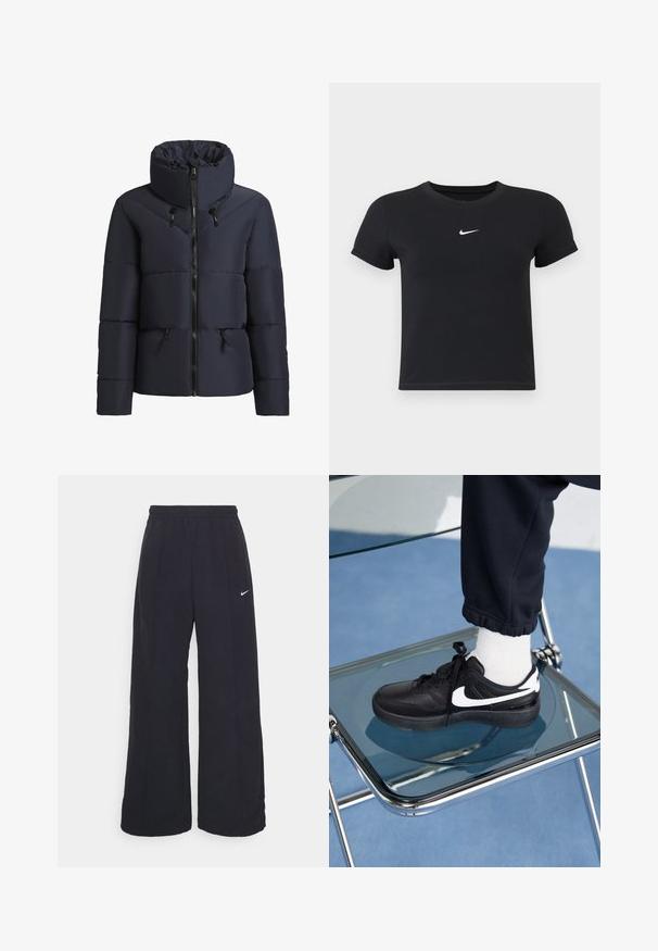 khujo FLAIRE - Winterjas - dunkelblau; Zwarte katoenen t-shirt met korte mouwen en ronde hals. Voorzien van een wit Nike-logo op de borst, minimalistisch ontwerp en een aansluitende pasvorm.; Zwarte wijde broek met een elastische tailleband en een klein wit Nike-logo. De stof heeft een soepele textuur, ontworpen voor comfort en casual gebruik.; Zwarte Nike sneakers met witte accenten, met een gladde leren textuur, vetersluiting en ronde neus, geplaatst op een glazen stoel.