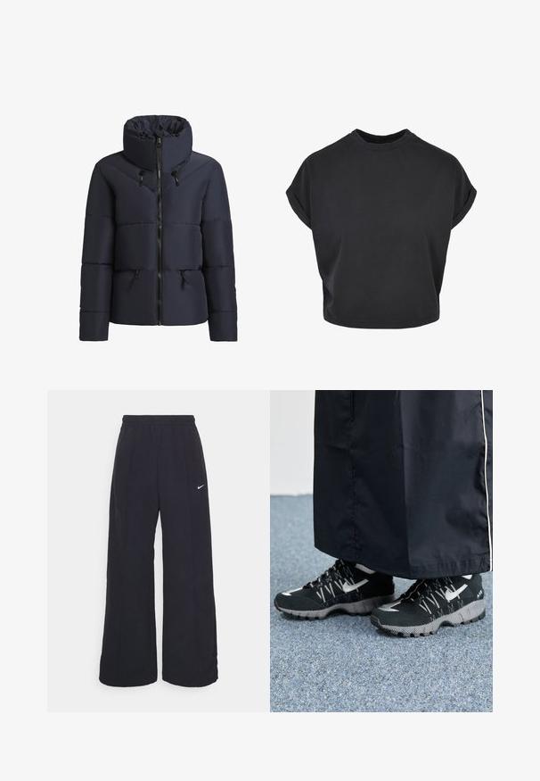 khujo FLAIRE - Giacca invernale - dunkelblau; T-shirt nera corta in cotone con maniche corte arrotolate e scollatura a girocollo. Texture liscia e design minimalista.; Pantaloni neri a gamba larga con cintura elastica e un piccolo logo Nike bianco. Il tessuto ha una texture liscia, progettata per il comfort e l'abbigliamento casual.; Scarpe sportive nere con tomaia testurizzata, dettagli argentati e suola con motivo, abbinate a un lungo indumento nero. Ambientate su un tappeto blu.