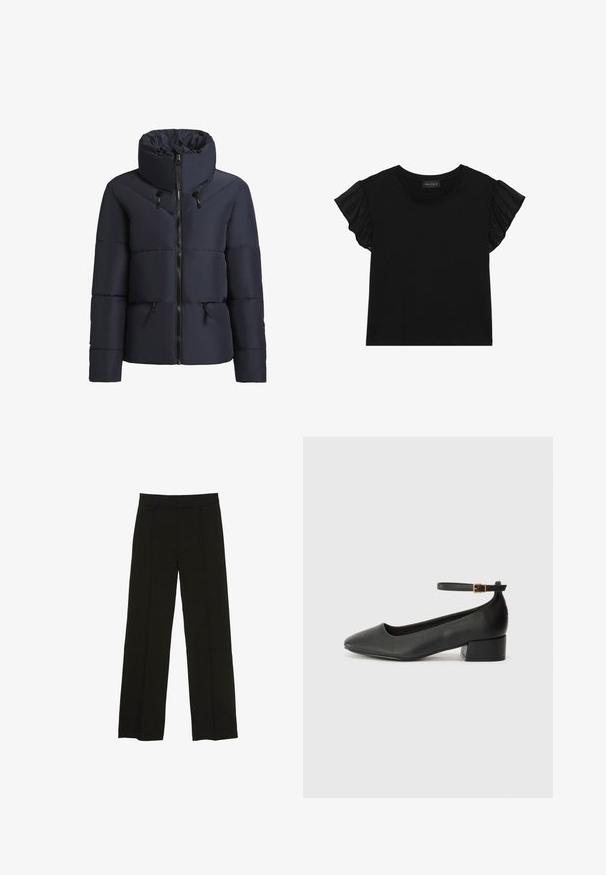 khujo FLAIRE - Winterjacke - dunkelblau; Schwarzes kurzes T-Shirt mit transparenten Rüschendetails an den Ärmeln. Rundhals und eine taillierte Passform aus weichem, leichtem Stoff.; Schwarze weit geschnittene Hosen aus glattem Stoff, ausgestattet mit einem taillierten Bund und dezenten vorderen Falten für zusätzliche Struktur.; Schwarze Lederpumps mit spitzem Zehenbereich und niedrigem Blockabsatz. Mit einem Knöchelriemen und einer goldfarbenen Schnalle. Glatte Textur.