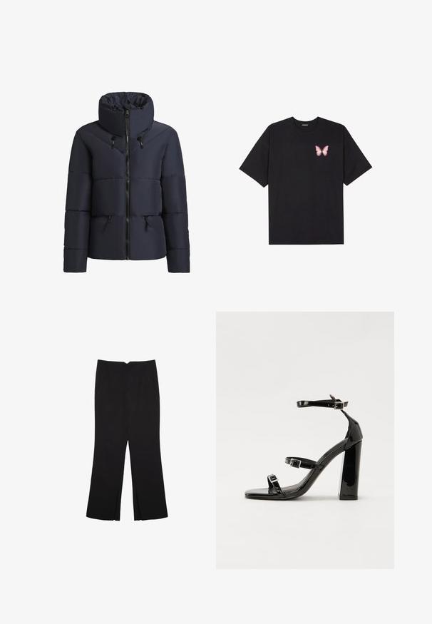 khujo FLAIRE - Winterjacke - dunkelblau; Schwarzes Baumwoll-T-Shirt mit kurzen Ärmeln, das ein kleines pinkes Schmetterlingsmotiv auf der linken Brust zeigt. Crewneck-Design mit einem entspannten Schnitt.; Schwarze Hose mit geradem Schnitt, ausgestattet mit Fronttaschen und Seitenschlitzen am Saum. Hergestellt aus weichem, glattem Stoff. Geeignet für verschiedene Anlässe.; Schwarze patentierte Sandalen mit Absatz, quadratischer Spitze, Knöchelriemen und silbernen Schnallen. Mit einem stabilen Blockabsatz für mehr Stabilität.