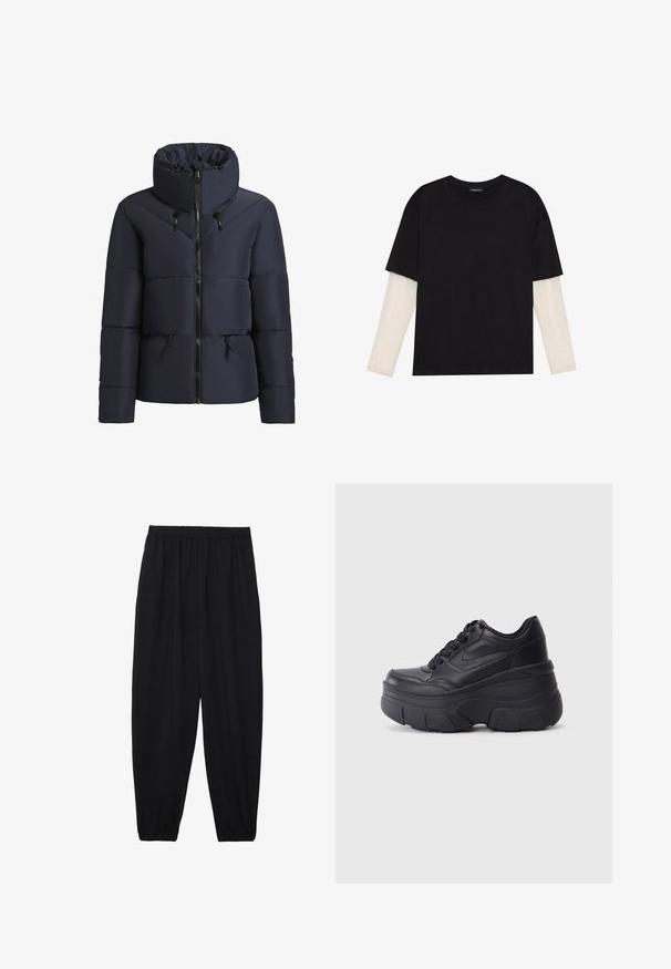 khujo FLAIRE - Veste d'hiver - dunkelblau; T-shirt noir en coton, avec des manches courtes sur une couche à manches longues blanche avec un motif texturé subtil. Col rond.; Pantalons noirs légers avec une taille élastique et des chevilles froncées. Le tissu est lisse et présente un design décontracté et fuselé.; Baskets noires à lacets avec une semelle épaisse, présentant un dessus en cuir lisse, un bout arrondi et un design de plateforme en couches distinct.