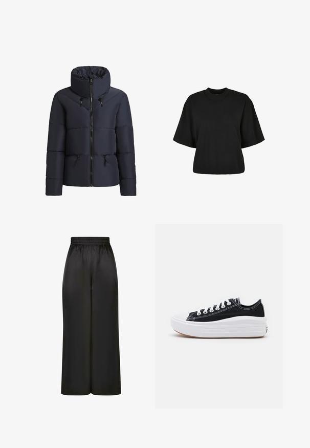 khujo FLAIRE - Winter jacket - dunkelblau; Black cropped t-shirt made of cotton. Features short sleeves and a round neckline. Smooth texture with a simple design, no additional patterns.; Black wide-leg pants made of smooth, shiny fabric with an elastic waistband and no visible pockets or hardware details.; Black canvas sneakers with white laces, white rubber toe cap, and a chunky white midsole. Features subtle white stitching and a gum sole.