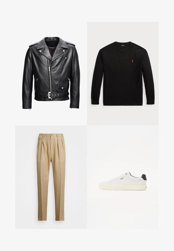 Schwarze Leder-Bikerjacke mit Einkerbung am Kragen, Reißverschluss vorne, mehreren Taschen und einem taillierten Gürtel. Mit silbernen Hardware-Akzenten.; Schwarzes Langarm-T-Shirt aus Baumwolle. Verfügt über einen Rundhals, gerippte Bündchen und ein kleines rotes gesticktes Logo auf der Brust. Glatte Textur.; Beige Leinenhose mit geradem Schnitt, ausgestattet mit zwei vorderen Falten, einem Knopfverschluss und seitlichen Taschen. Strukturierter Stoff mit glatter Oberfläche.; Weiße ledersneaker mit strukturiertem Finish, ausgestattet mit einer schwarzen Fersenpartie, runder Zehenpartie und schwarzem Markenzeichen an der Seite. Leichte Gummisohle.