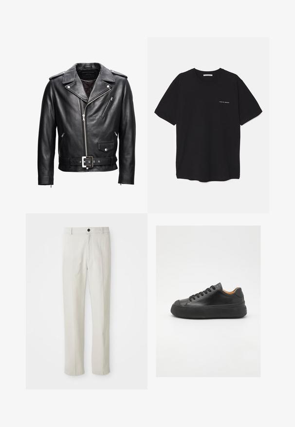 Zwarte leren motorjas met een schuin kraag, rits aan de voorkant, meerdere zakken en een ceintuur in de taille. Kenmerkt zilveren Hardware accenten.; Zwarte katoenen T-shirt met een ronde hals, korte mouwen en een witte logo-print op de linkerkant van de borst. Eenvoudig, effen kleur ontwerp.; Beige recht gesneden broek met riemlussen, voorknop en ritsluiting, plat weergegeven op een witte achtergrond.; Zwarte leren sneaker met een ronde neus, vetersluiting aan de voorkant, een gladde textuur, dikke rubberen zool en contrasterende tan interieur.