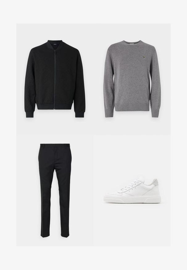 Giacca bomber nera in tessuto testurizzato, con polsini e vita a costine, chiusura a zip completa e colletto rotondo. Design semplice e moderno.; Maglione grigio lavorato a maglia con scollatura rotonda, polsini e orlo a coste, con un piccolo logo di coccodrillo verde sul lato sinistro del petto.; Pantaloni neri su misura con una vestibilità dritta, realizzati in tessuto liscio. Presentano passanti per cintura e dettagli di piega lungo la parte anteriore.; Sneaker bianche in pelle con finitura liscia, punta arrotondata, lacci piatti e suola texturizzata. Accento in suede grigio sul tallone.