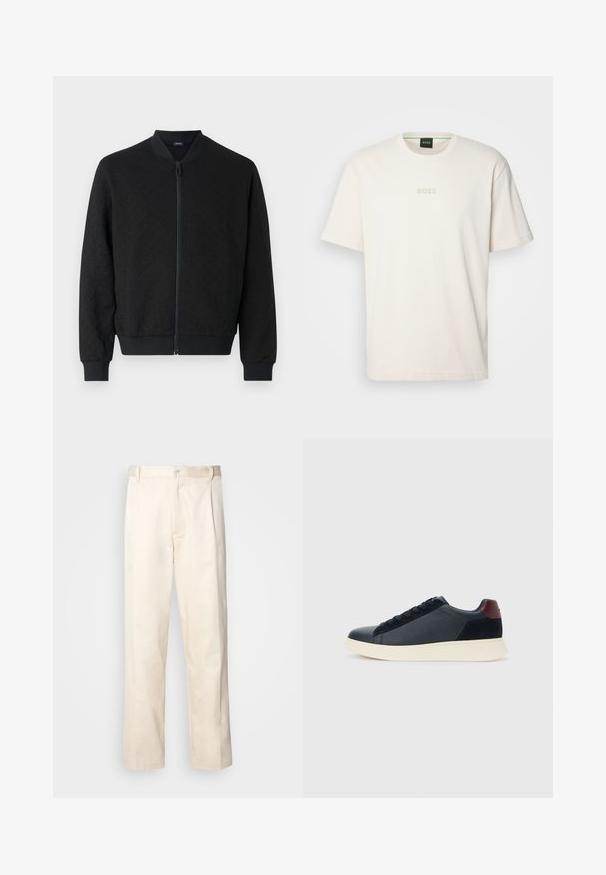 Veste bomber noire en tissu texturé, avec des poignets et une taille côtelés, fermeture éclair intégrale et col rond. Design simple et moderne.; BOSS TEE - T-shirt basique - open white; Pantalon en coton beige avec une coupe droite, présentant une fermeture à bouton et des plis sur le devant pour plus de détails.; Baskets basses pour hommes en cuir noir et daim avec un tirant de talon bordeaux et une semelle en caoutchouc blanche, vues depuis le côté extérieur.