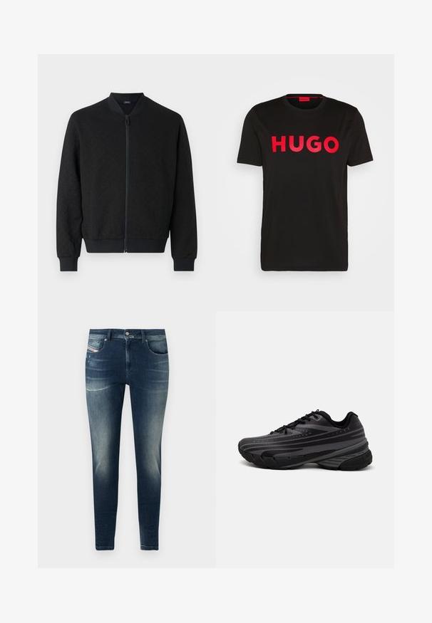 Melnā bumbvedēja jaka ar teksturētu audumu, ribotas aproces un jostasvietu, pilnu rāvējslēdzēju un apļveida apkakli. Vienkāršs, mūsdienīgs dizains.; Melns kokvilnas T-krekls ar izteiksmīgām sarkanm sērijas "HUGO" uzrakstam priekšpusē, īsām piedurknēm, apaļu kakla izgriezumu un brīvu piegriezumu.; Tumši zili džinsi ar tievu piegriezumu, ar izbalējušu apdari, nelielu nolietojumu un klasisko piecu kabatu dizainu.; Melnas skriešanas kurpes ar teksturētu virsu, kurai ir pelēkas svītras. Biezs zole nodrošina amortizāciju, apaļa purngalu un plakanas šņorītes, lai nodrošinātu drošu piegulšanu.