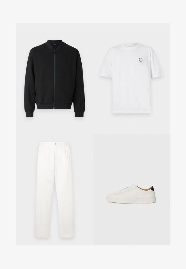 Casaco bomber preto com tecido texturizado, punhos e bainha canelados, fecho com zíper completo e gola redonda. Design simples e moderno.; Camisa de algodão branca com um corte relaxado, apresentando um pequeno logótipo gráfico preto na área do peito esquerdo. Mangas curtas, estilo de gola redonda.; Calças brancas feitas de um tecido suave, com um design de perna reta, pregas frontais e um fecho de botão único na cintura.; Sapatilhas brancas com um cabedal em couro liso, bico redondo e sola plana. Detalhe preto no calcanhar, com atacadores tonais e uma marcação minimalista.