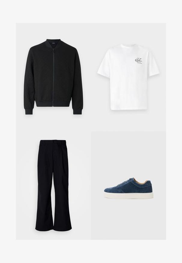 Musta pommikauku, jossa on teksturoitu kangas, röyhelöidyt hihansuut ja vyötärö, täyspitkä vetoketju ja pyöreä kaulus. Yksinkertainen, moderni muotoilu.; Valkoinen puuvillapaita lyhyillä hihoilla, pyöreä kaula-aukko, jossa on musta CK-logo vasemmassa rinnassa, normaali istuvuus, sileä pinta.; Mustat leveät housut puuvillasta, joissa on edessä laskos, napin suljenta ja vyölenkit, sileä rakenne ja ei näkyviä kuvioita.; Sininen mokka lenkkari valkoisella kumipohjalla, nauhakiinnitys, pyöreä varvas ja kontrastinä tan sisus. Huomaamaton ompelutyö.