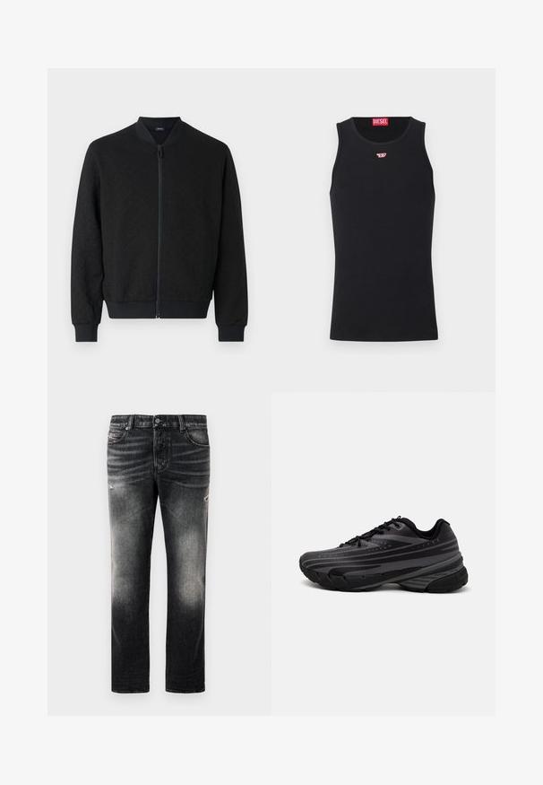 Melnā bumbvedēja jaka ar teksturētu audumu, ribotas aproces un jostasvietu, pilnu rāvējslēdzēju un apļveida apkakli. Vienkāršs, mūsdienīgs dizains.; Melna bezmaku topa blūze, izgatavota no gludas auduma, ar apaļu kakla izgriezumu, rokām un nelielu sarkanu logotipu uz krūtīm. Vienkāršs dizains, bez piedurknēm.; Melnas džinsas ar izbalējušu apdari un nolietojuma akcentiem, standarta piecu kabatu dizains un rāvējslēdzēja aizdare. Izgatavoti no denim auduma.; Melnas skriešanas kurpes ar teksturētu virsu, kurai ir pelēkas svītras. Biezs zole nodrošina amortizāciju, apaļa purngalu un plakanas šņorītes, lai nodrošinātu drošu piegulšanu.
