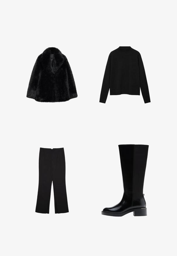 Svart fuskpälsjacka med bred krage och mjuk textur. Har en löst sittande, knälång passform och inga synliga knäppningar. Klassisk design.; Svart polotröja i mjuk tyg, med långa ärmar och avslappnad passform, med en ren, minimalistisk design.; Svarta byxor med rak passform, utrustade med framfickor och sidoklyvningar vid fållen. Tillverkade av mjukt, slätt tyg. Lämpliga för olika tillfällen.; Svart knähög stövel med slät läderfinish, framträdande sömmar, klumpig klack och en texturerad bakpanel för extra detalj.