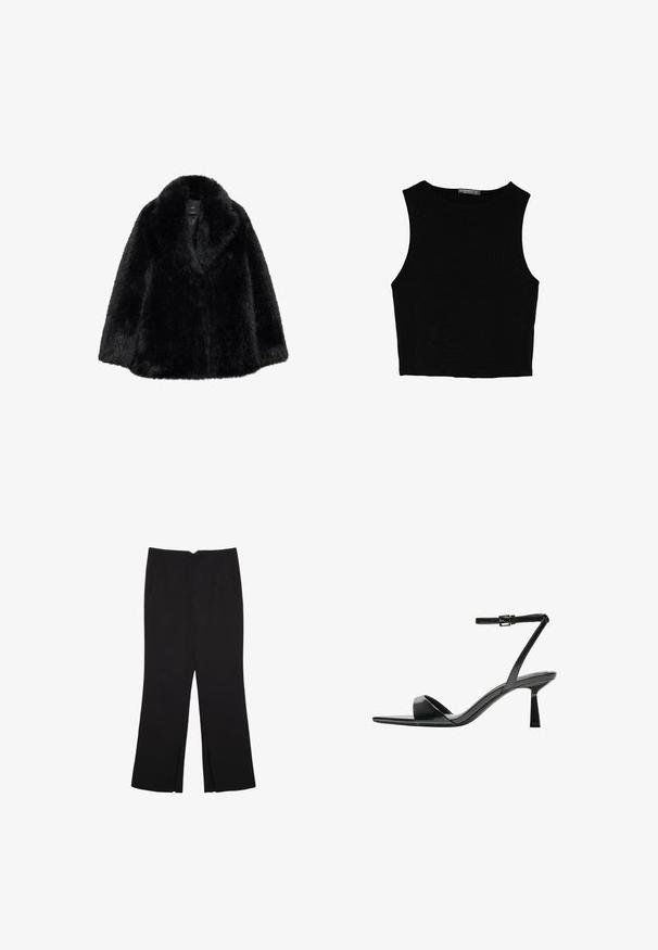 Sort faux fur frakke med en bred krave og blød tekstur. Har en løs pasform, der går til knæene, og ingen synlige lukninger. K klassisk design.; Sort ærmeløs crop top lavet af glat stof, med rund hals og et rent, enkelt design uden mønstre eller hardware.; Sorte bukser med lige pasform, der har frontlommer og slidser i kanten. Lavet af blødt, glat stof. Velegnet til forskellige anledninger.; Bershka Højhælede sandaletter / Højhælede sandaler - black