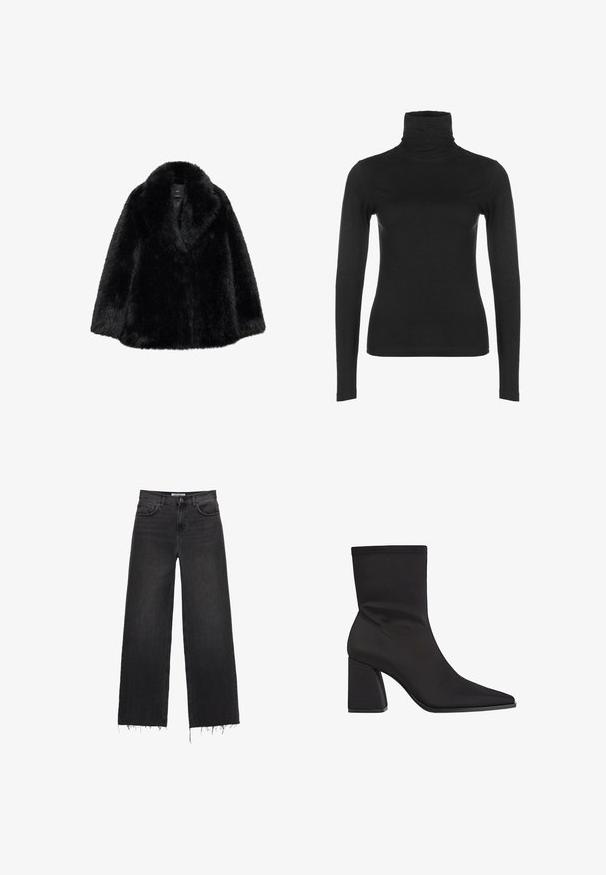 Sort faux fur frakke med en bred krave og blød tekstur. Har en løs pasform, der går til knæene, og ingen synlige lukninger. K klassisk design.; Sort langærmet turtleneck top i glat, strækbart stof. Har en høj krave og tætsiddende silhuet, uden synlige mønstre eller detaljer.; Højtaljede vide ben sorte denim jeans med frynset kant, fem lommers design og knaplukning. Glat tekstur med en slidt finish.; Sorte ankelstøvler lavet af glat stof, med spidse tæer, blokhæle og sømløst design med diskrete syninger.