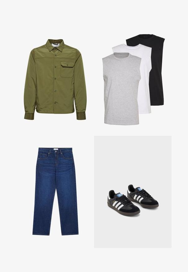 Olive green jacket made of smooth, lightweight material, featuring a button-up front, pointed collar, and a single chest pocket.; Three sleeveless t-shirts in gray, white, and black. Soft cotton material with a crew neck and relaxed fit. Simple design, no patterns.; Denim jeans in dark blue with a straight leg design, featuring a button and zipper fly, five pockets, and visible stitching details.; Black sneakers with a suede and synthetic upper, featuring three white stripes, textured rubber sole, and blue logo tag on the tongue.